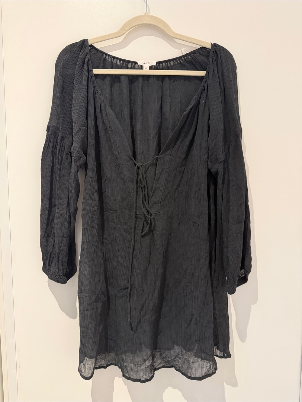 A.L.C. Black Semi-Sheer V-Neck Tie-Front Tunic